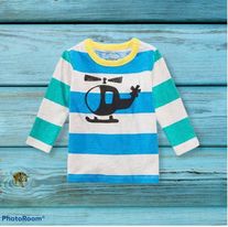 (RNN - 44) Playera para niño para 1 año con rayas azul verde y blanco con estampado de un helicóptero - JoyeriaParis