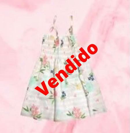 (RNN - 56) Vestido con tirantes para niña 3 - 4 años estampado en rayas blancas y rosas y flores - JoyeriaParis