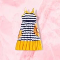 (RNN - 61) Vestido para niña 3 - 4 años con tirante en rayas negras y blancas con color amarillo y flores - JoyeriaParis