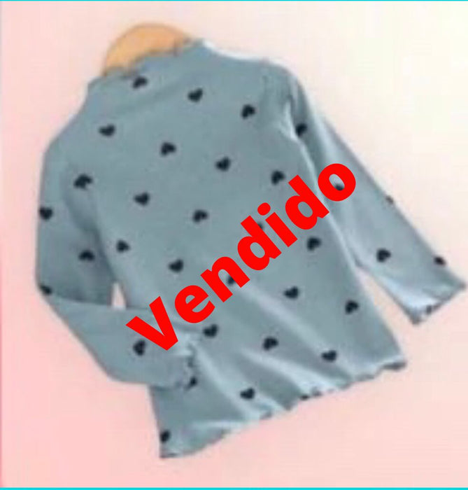 (RNN - 86) Blusa para niña de 3 años color verde con estampado en corazones negros - JoyeriaParis