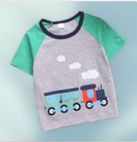 (RNN - 90) Playera para niño 4/5 años color verde con gris con estampado de un tren - JoyeriaParis