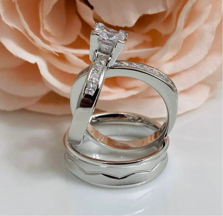 T - 23 Trío de anillos de .925 Plata, con Circonia blanca corte princesa. - JoyeriaParis