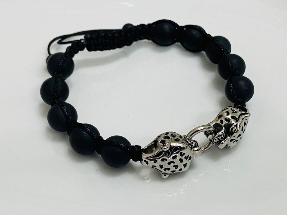 (UA - 20)Pulsera de shamballa color negra con dos panteras en acero inoxidable unisex - JoyeriaParis