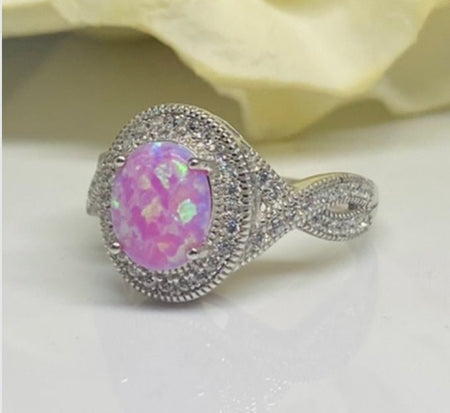 (ULP - 01) .925 Plata anillo en forma ovalada con ópalo color rosa  - JoyeriaParis