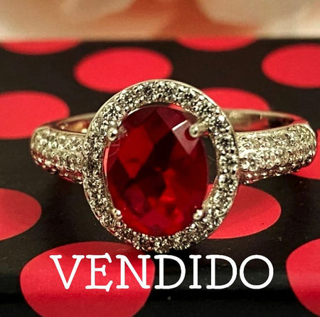 (ULP - 23) .925 Plata Anillo con con circonia ovalada en colores Garnet y Blancas. - JoyeriaParis