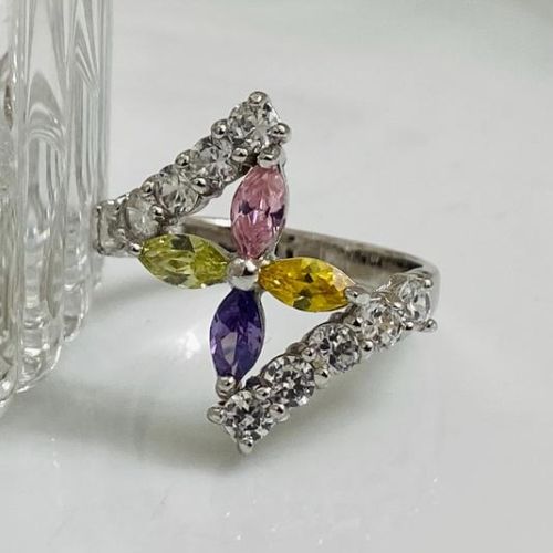 (ULP - 35).925 Plata Anillo con forma de Flor y ZC en 4 colores. - JoyeriaParis