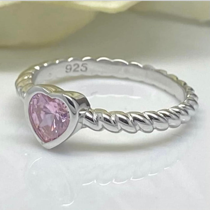 (AE-86) .925 Plata anillo con forma de corazón, con circonia color rosa.