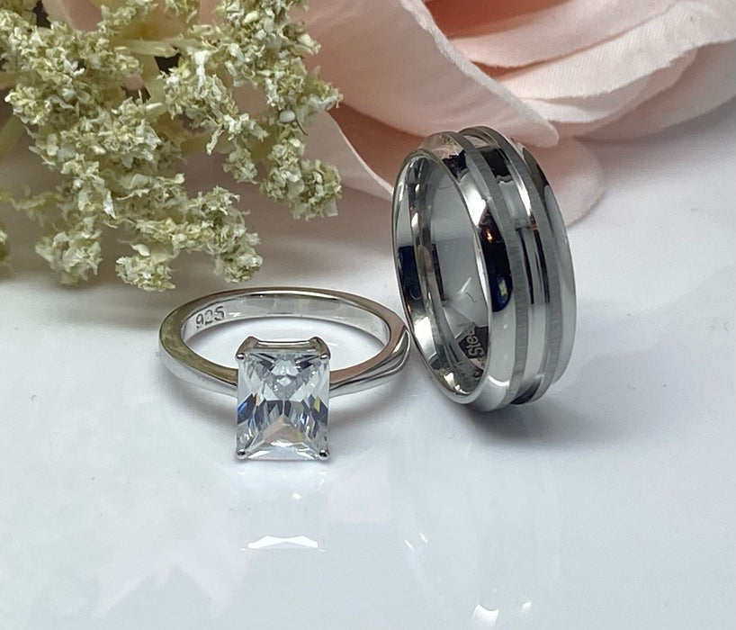 (APP-02) .925 Silver Emerald Cut Zirconia Engagement Ring.