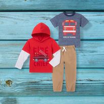 (RNN-33) 3 pieces for 18 month old boy with fire truck print and beige pants