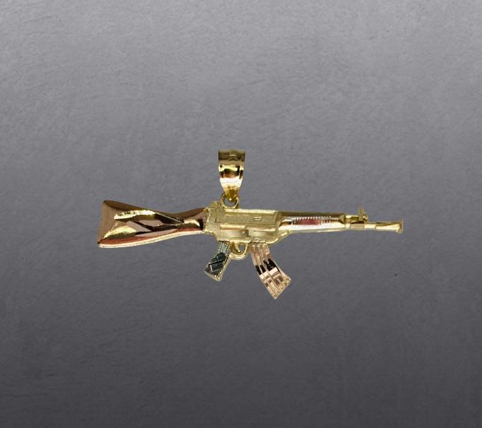 (DJO-23)14K AK-47 rifle pendant three colors, measures 21 mm high, by 40 mm wide.
