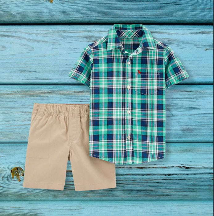 (RNN-41) Two-piece plaid shirt with beige shorts for a 2-year-old boy