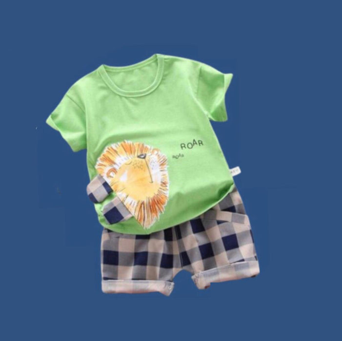 (RNN-118) Green T-shirt with Lion print and checkered shorts for boys aged 2 to 3 years