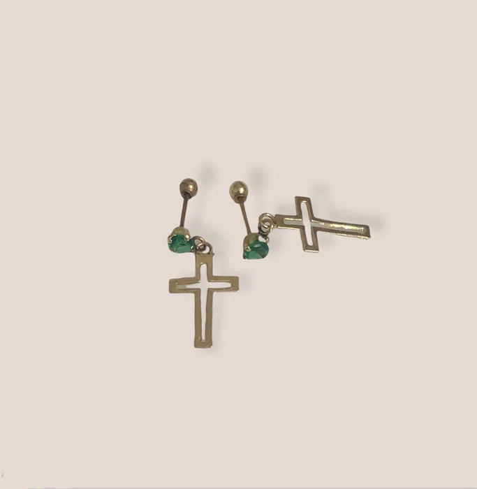(AO-02) 14k Emerald Green Cross and Zirconia Earrings.