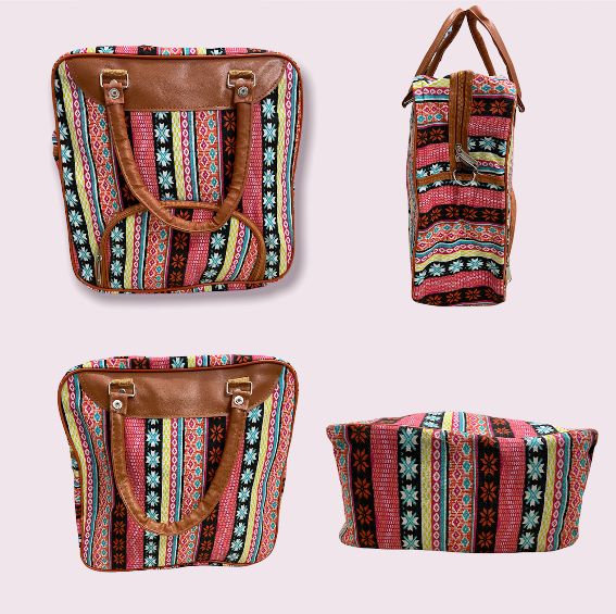(BDM-02) Red and Multicolor Bohemian Pattern Medium Size Canvas Tote Bag