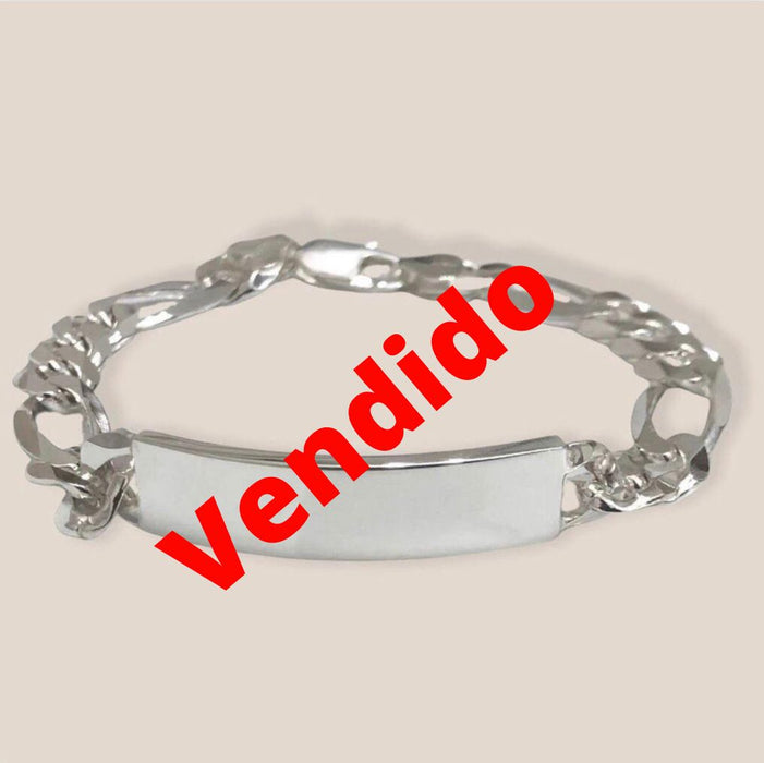 (CEP-25) .925 Silver Figaro Bracelet with Plate, Measures 9”-10 mm and the plate measures, 4 cm - 10 mm Approx.